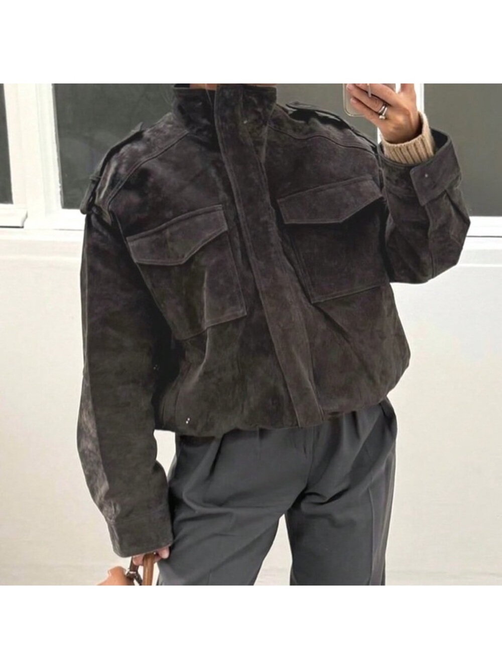 Dark Grey Casual Streetwear Women's Suede Bomber Jacket